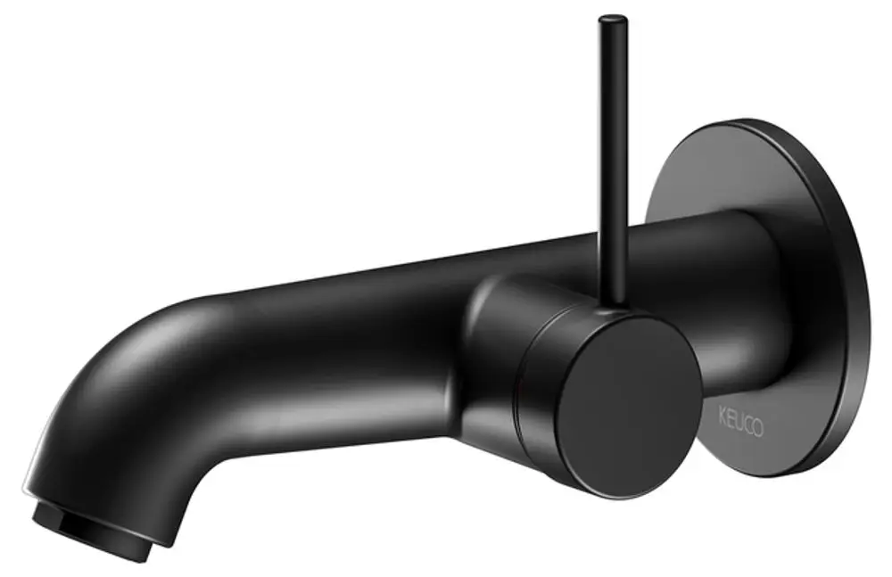 Wandmontierter Wasserhahn in mattschwarzer Ausführung von Keuco, mit rundem Bedienknopf und ansprechendem Auslaufdesign für moderne Badezimmer.